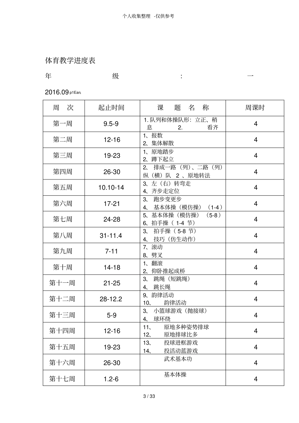 体育标准优秀教学进度表_第3页