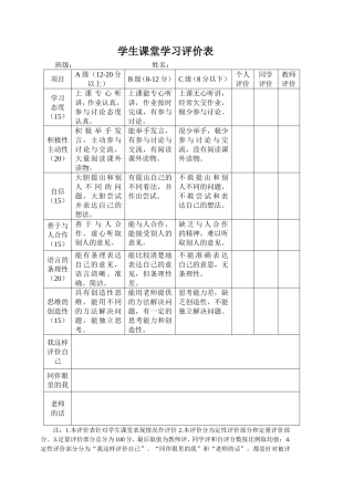 学生课堂学习评价表