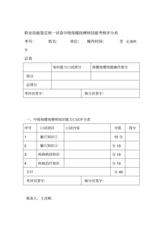 保健按摩师技能考核评分表