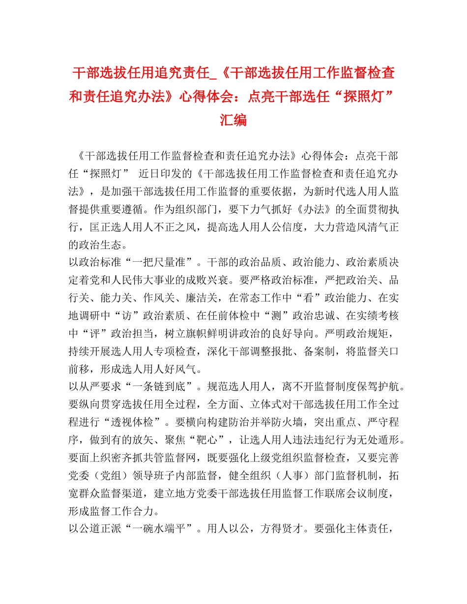 干部选拔任用追究责任_《干部选拔任用工作监督检查和责任追究办法》心得体会：点亮干部选任“探照灯”汇编 _第1页