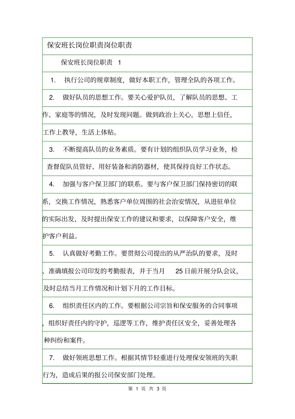 保安班长岗位职责岗位职责_第1页