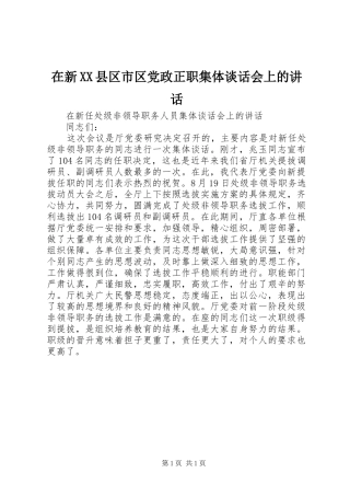 在新XX县区市区党政正职集体谈话会上的讲话发言