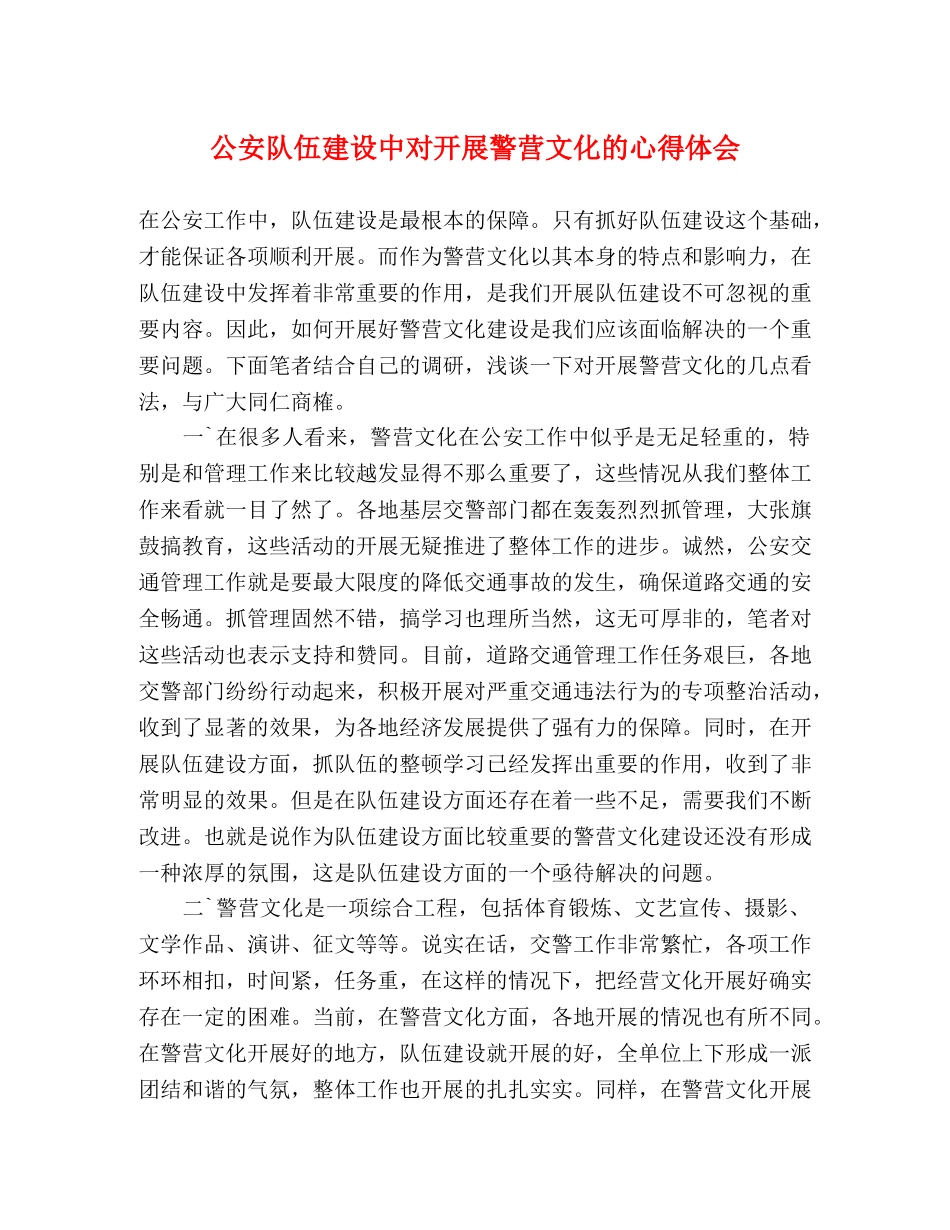 公安队伍建设中对开展警营文化的心得体会 _第1页
