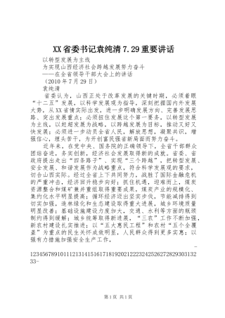 XX省委书记袁纯清7.29重要讲话