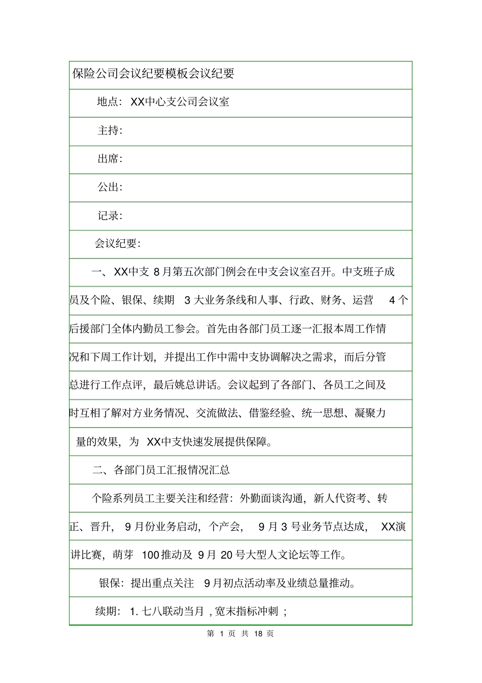 保险公司会议纪要模板会议纪要_第1页