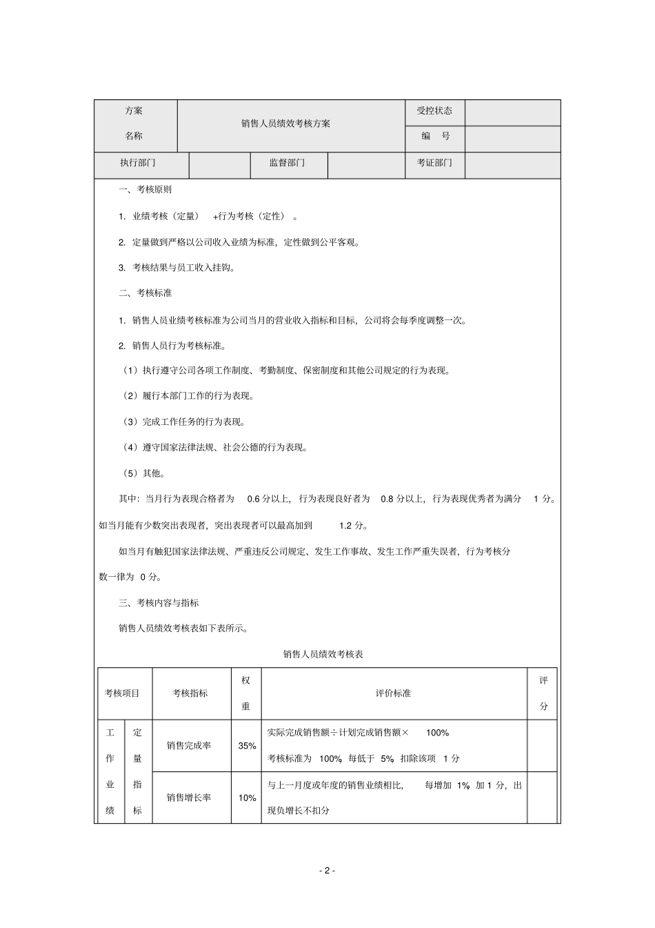 保险公司销售人员绩效考核方案_第2页