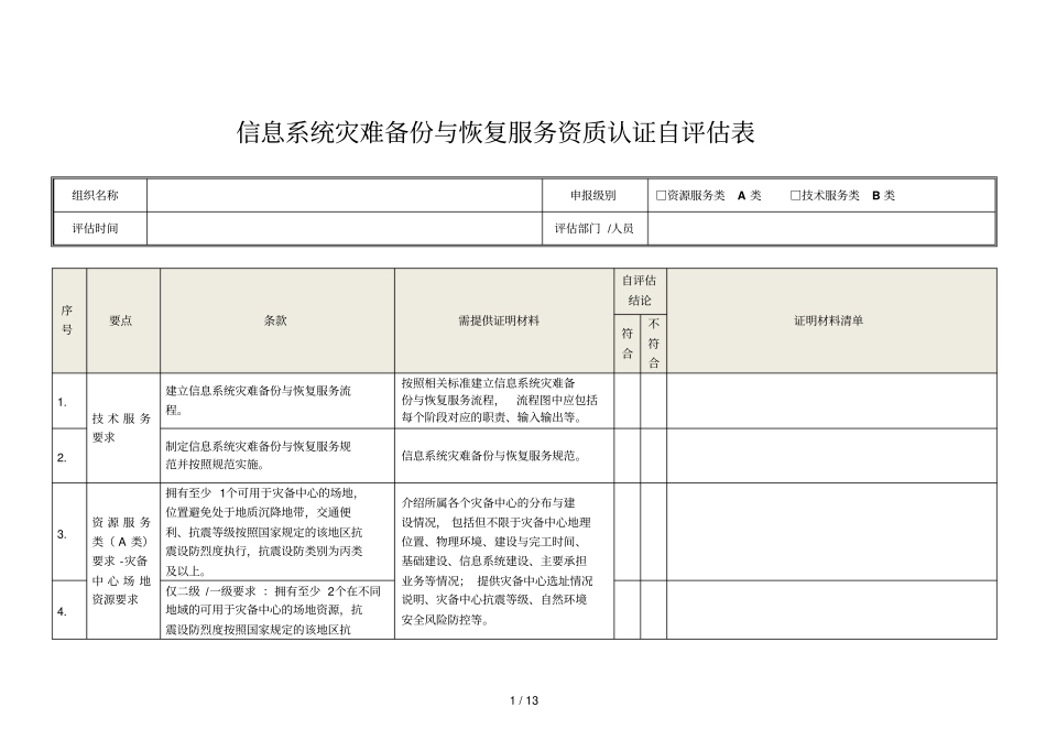 信息系统灾难备份与恢复服务资质认证自评价表_第1页