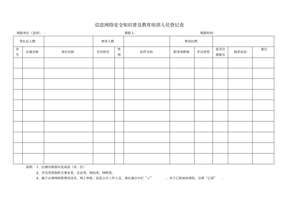 信息网络安全知识普及教育培训人员登记表解析_第1页