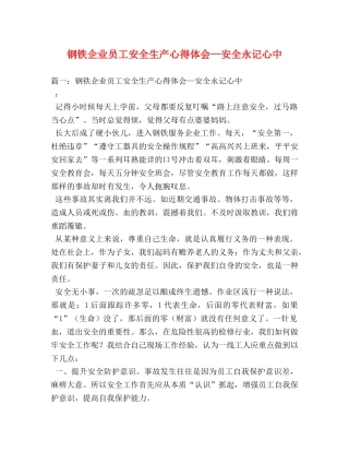钢铁企业员工安全生产心得体会—安全永记心中 