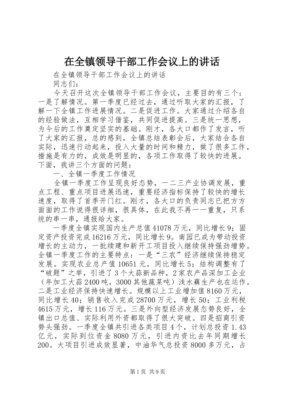 在全镇领导干部工作会议上的讲话发言_第1页