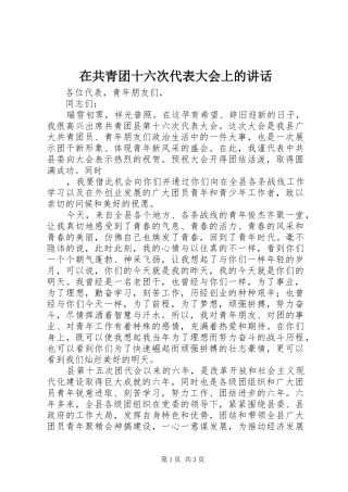 在共青团十六次代表大会上的讲话发言