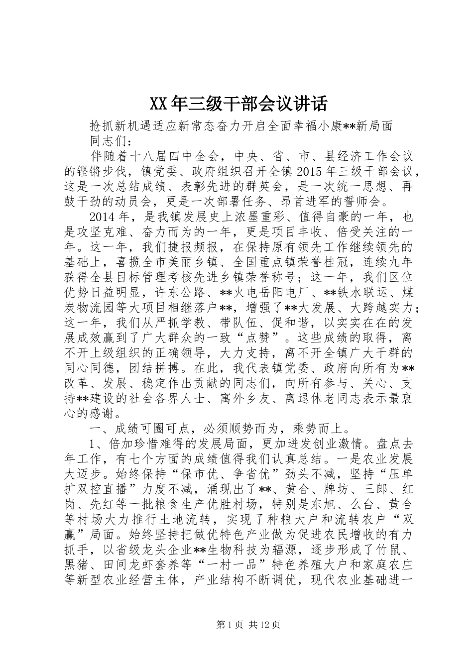 XX年三级干部会议讲话发言_第1页