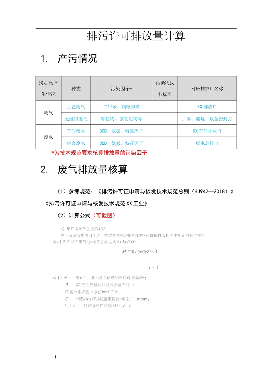排污许可排放量计算过程模板_第1页