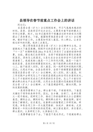 县领导在春节前重点工作会上的讲话发言