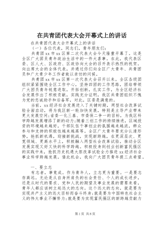 在共青团代表大会开幕式上的讲话发言