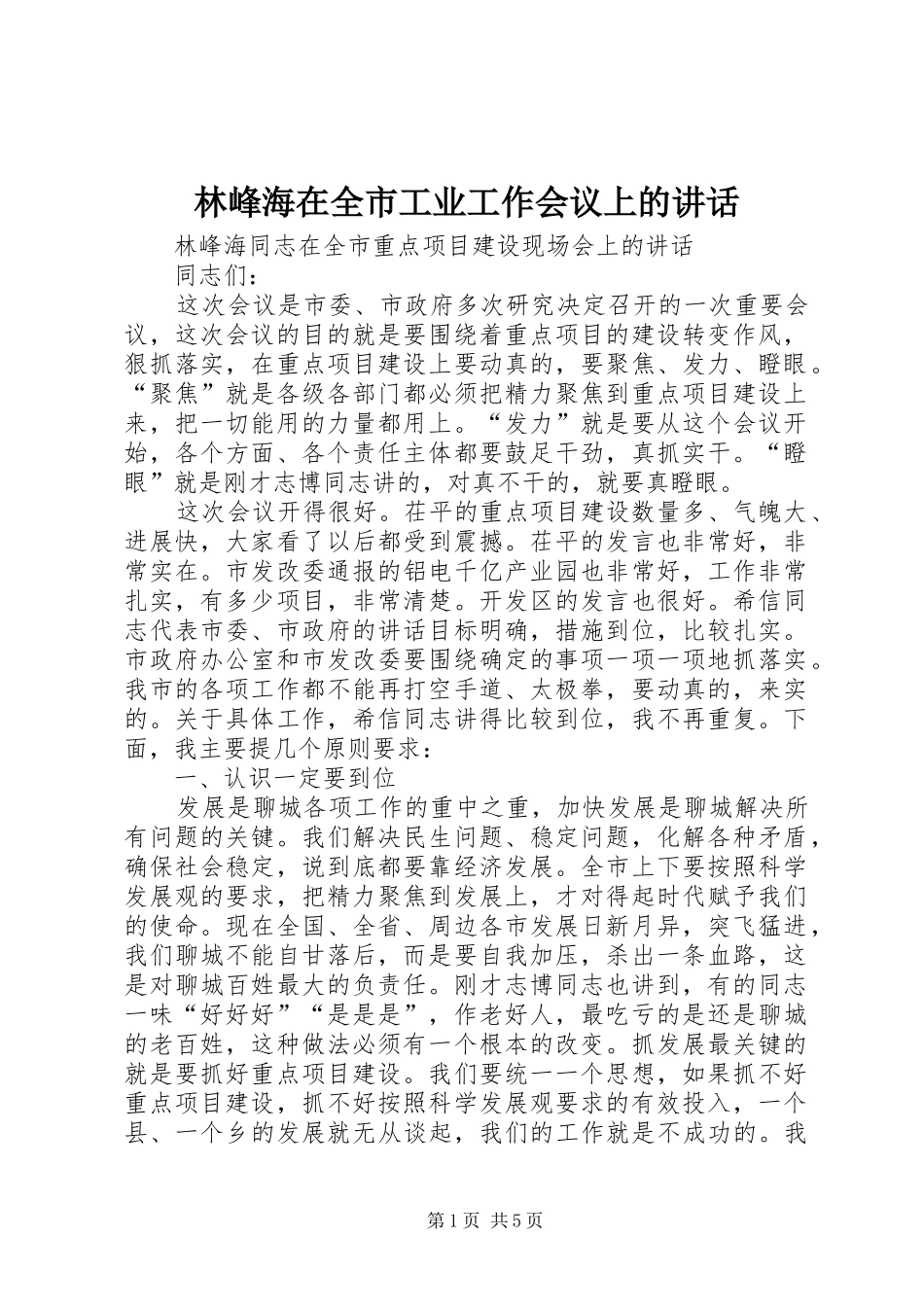 林峰海在全市工业工作会议上的讲话发言_第1页