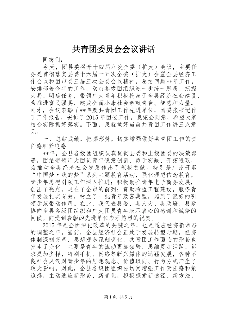 共青团委员会会议讲话发言_第1页