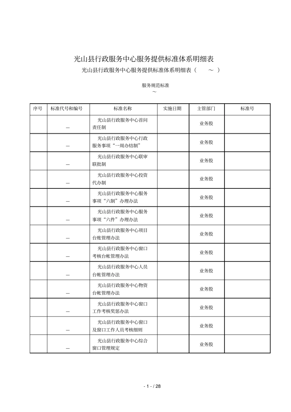光山行政服务中心服务提供标准体系明细表_第1页