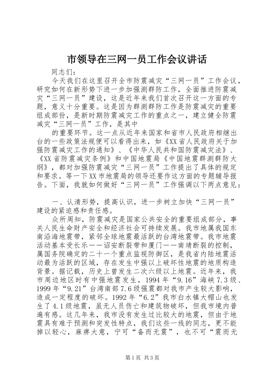 市领导在三网一员工作会议讲话发言_第1页