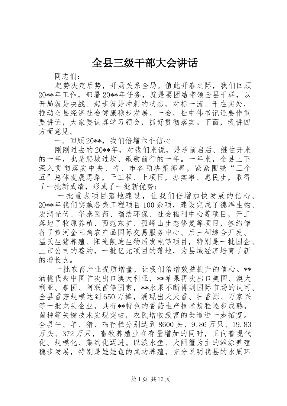 全县三级干部大会讲话发言_第1页
