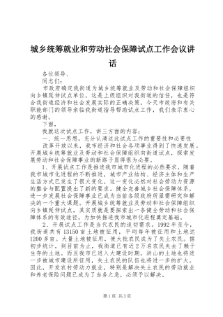 城乡统筹就业和劳动社会保障试点工作会议讲话发言