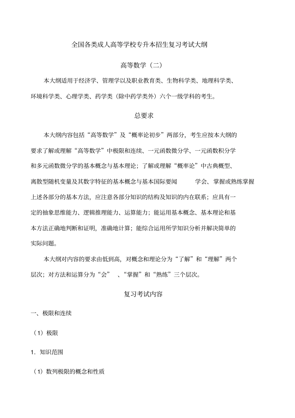 全国各类成人高等学校招生复习考试大纲专升本高数_第1页