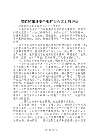 安监局在县委全委扩大会议上的讲话发言