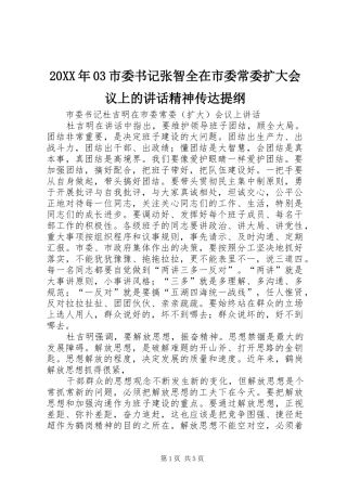 20XX年03市委书记张智全在市委常委扩大会议上的讲话发言精神传达提纲(3)