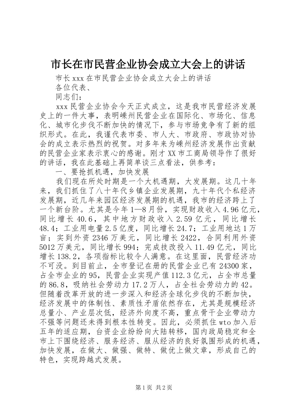 市长在市民营企业协会成立大会上的讲话发言_第1页