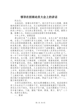 领导在招商动员大会上的讲话发言