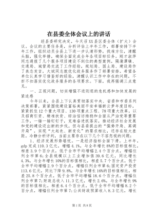 在县委全体会议上的讲话发言