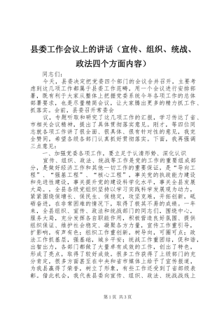 县委工作会议上的讲话发言（宣传、组织、统战、政法四个方面内容）
