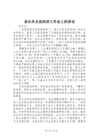 县长在全县经济工作会上的讲话发言