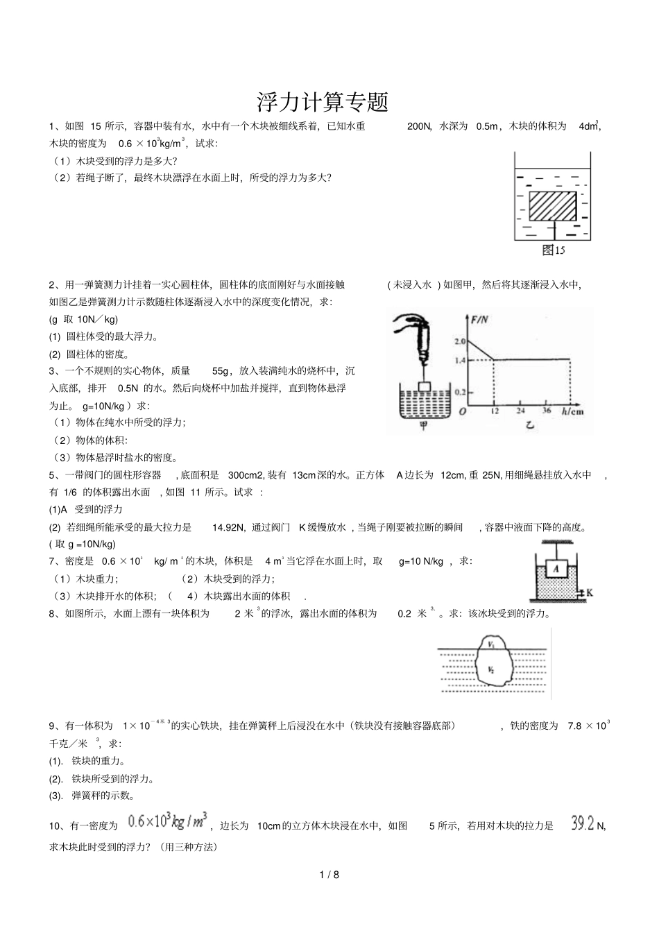 八年级浮力计算题专题测验_第1页