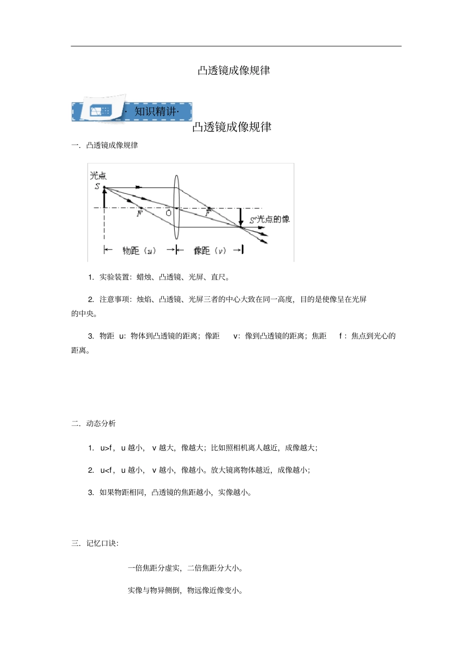 八年级物理上册3凸透镜成像规律知识点与同步训练含解析新版苏科版_第1页