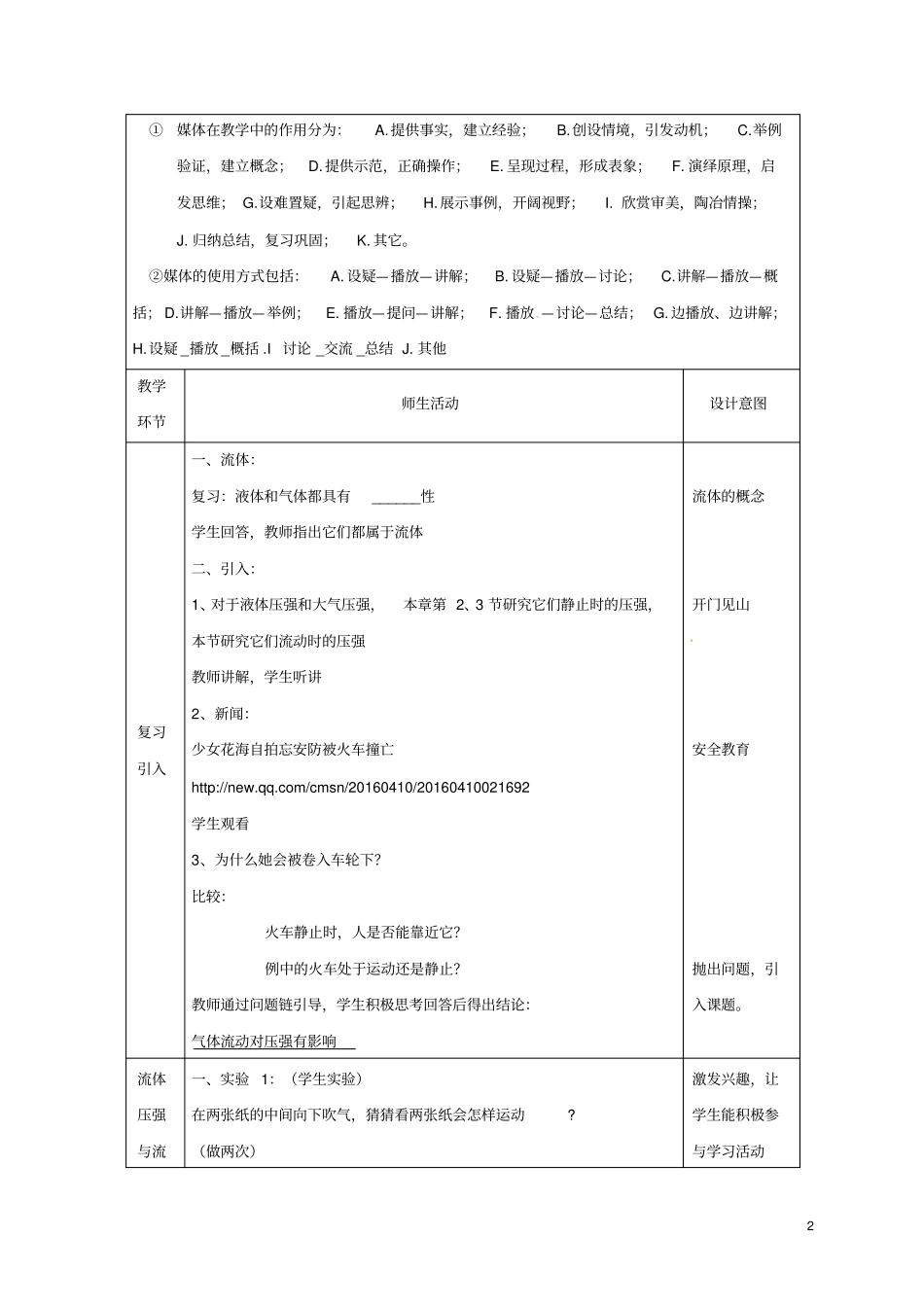 八年级物理下册94流体流速与压强的关系教学设计新版新人教版_第2页