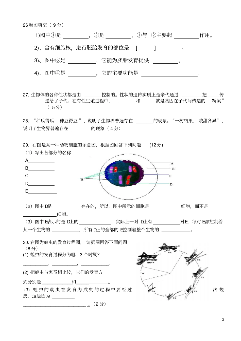 八年级生物第一次月考试卷八年级下册_第3页