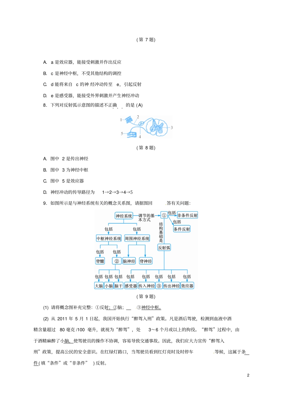 八年级科学上册3神经调节同步试题新版浙教版_第2页