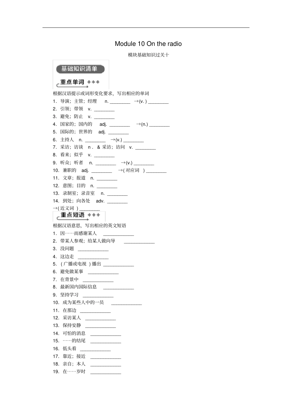 八年级英语下册Module10Ontheradio模块基础知识过关十练习新版外研版_第1页