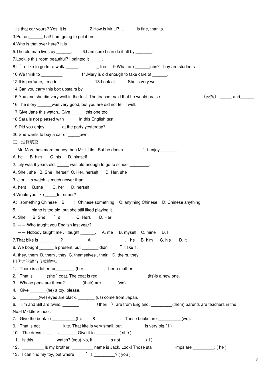 八年级英语人称代词和物主代词练习题仁爱版_第2页