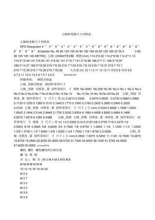 公制和英制尺寸对照表