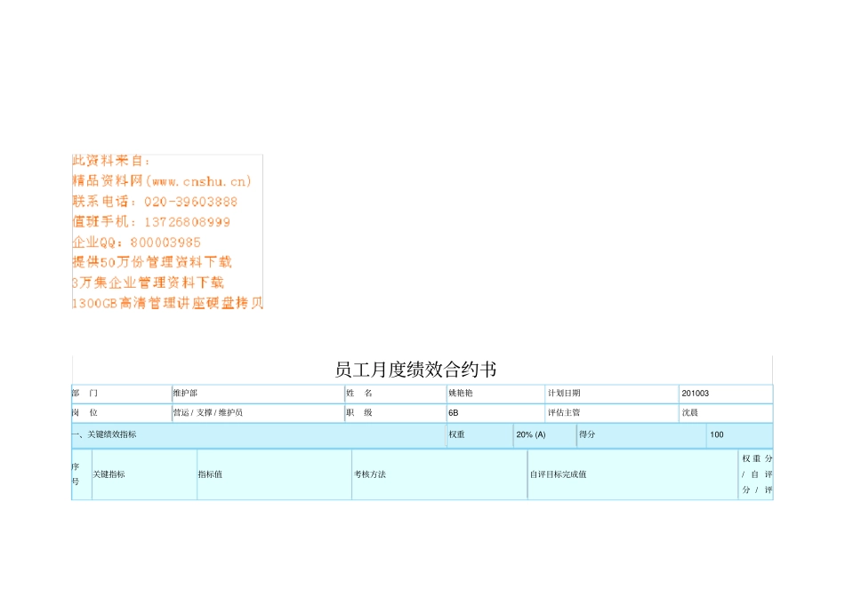 公司员工月度绩效合约书_第1页