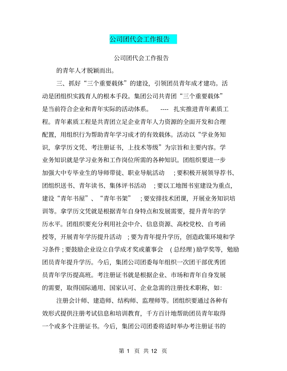 公司团代会工作报告_第1页