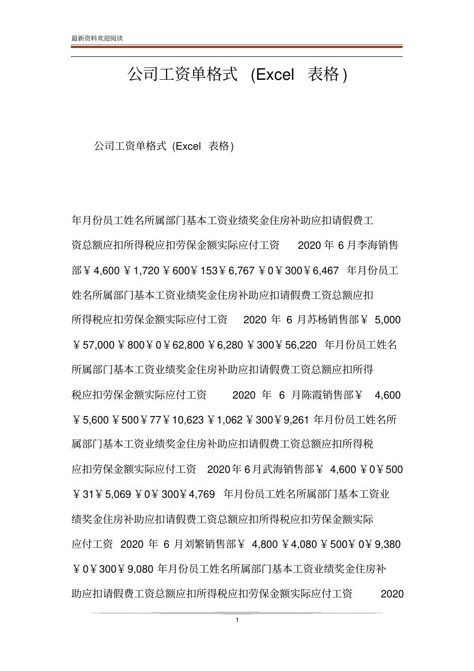 公司工资单格式Excel表格_第1页