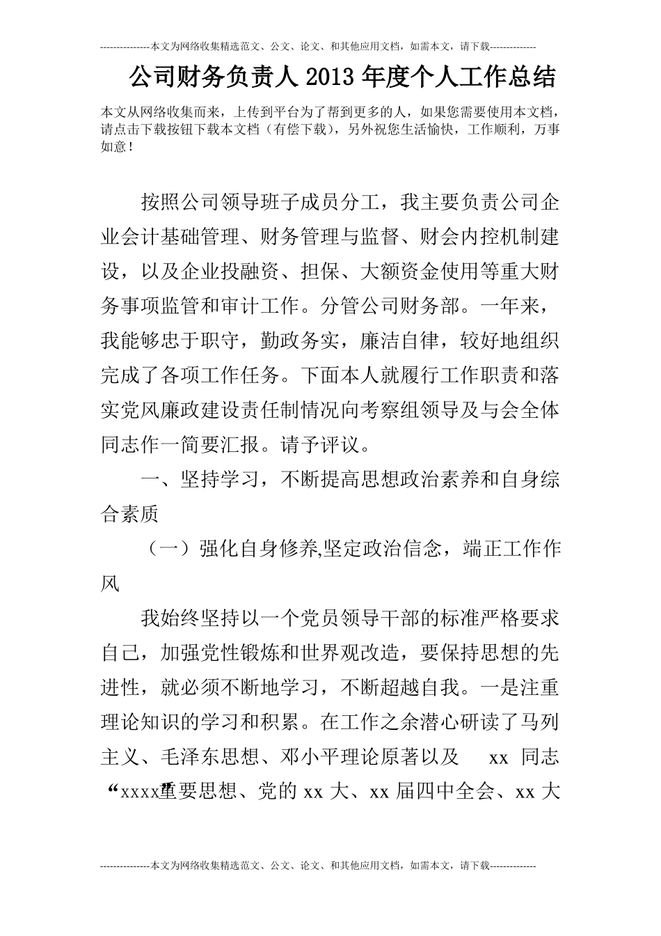 公司财务负责人2013年个人工作总结_第1页