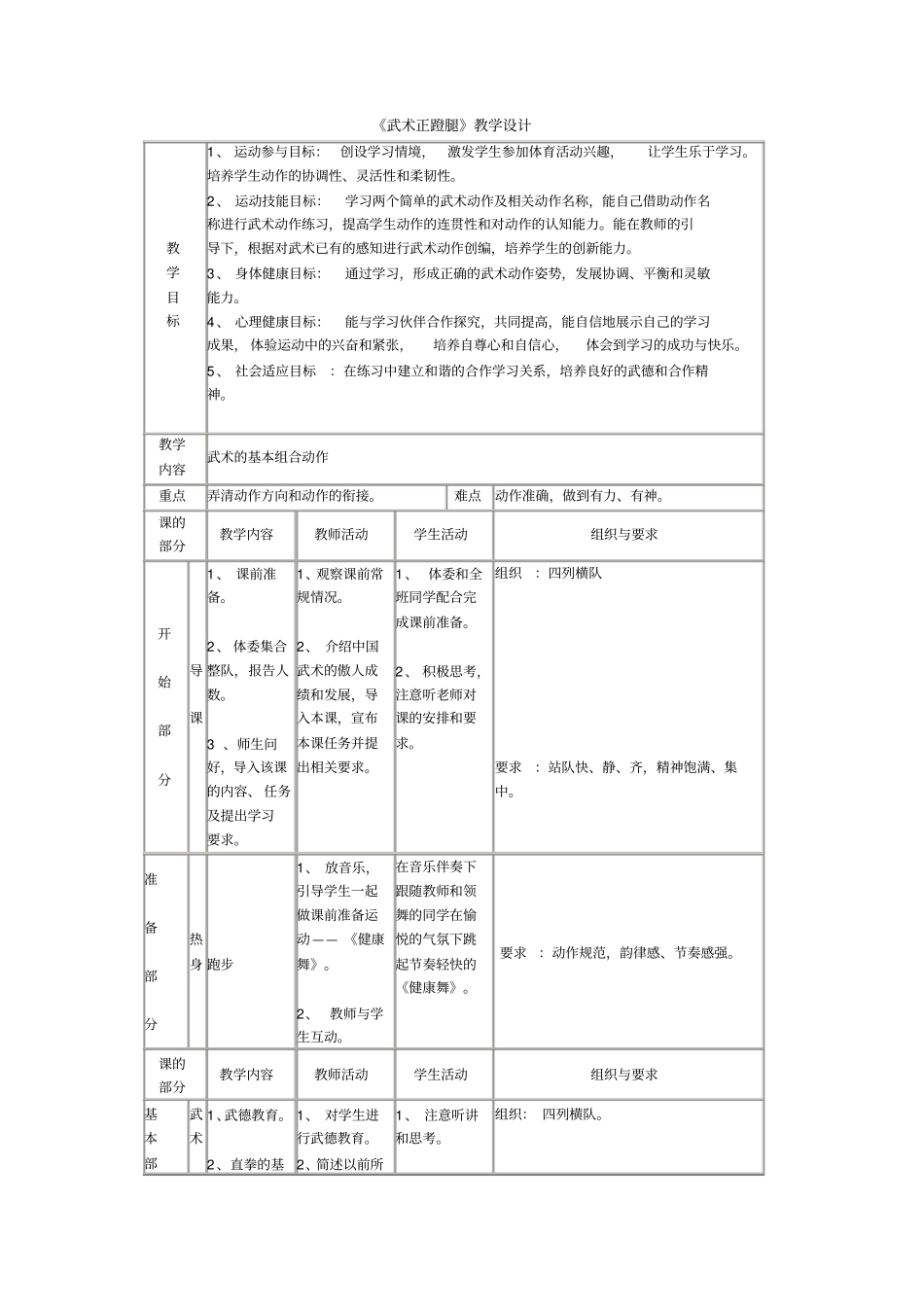 公开课武术正蹬腿教学设计_第1页