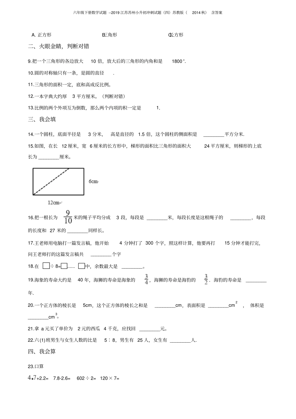 六年级下册数学试题--2019江苏苏州小升初冲刺试题四苏教版含答案_第2页