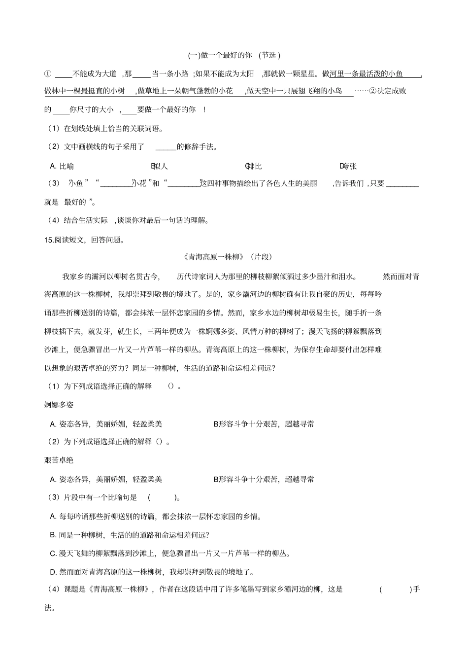 六年级下册语文试题--2019年甘肃名校小升初全真模拟试题十一全国通用含答案_第3页