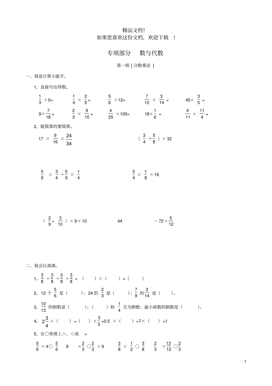 六年级数学上册专项复习数与代数青岛版_第1页