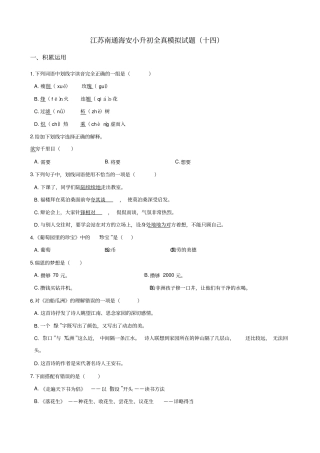 六年级语文下册试题：2019江苏南通海安小升初全真模拟试卷十四苏教版_含答案